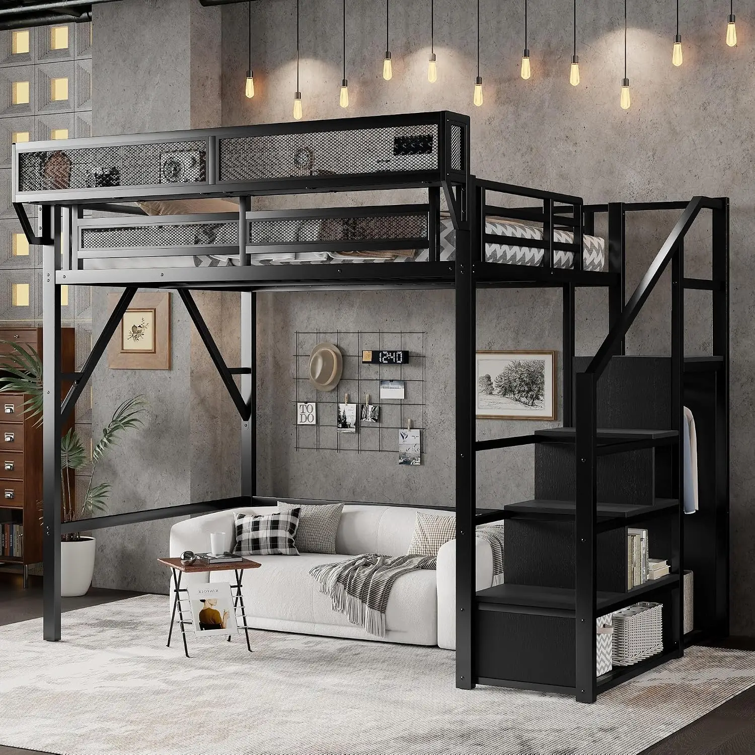 Full Size Metal Loft Bed Frame Convertible Staircase Built In Storage Shelves Wardrobe Solid Slats Guardrail No Box Spring Requi