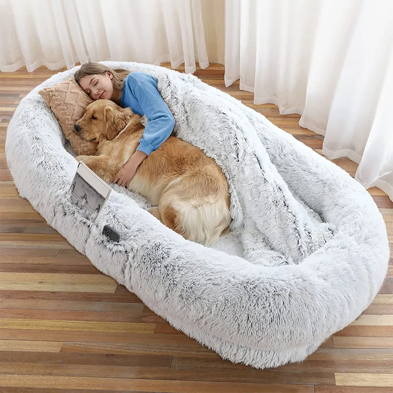 185x120x30cm/165x100x25cm Long Plush Big Dog Bed also as Human Sofa Popular Large One-person Sofa Adult Elliptical Pet Bed Nest