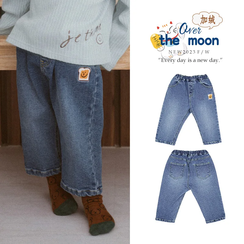 

Jenny&Dave Spot 23 Autumn/Winter New Children's Casual Pants with Cartoon Bread Letter Embroidery and Plush Jeans