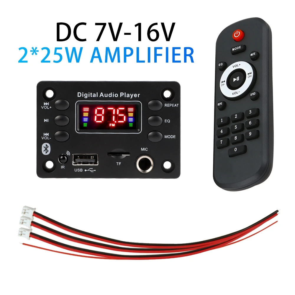 Bluetooth 5.0 MP3 Decoder Board 2*25W 50W Amplifier Audio Player 12V DIY MP3 Player Car FM Radio Module TF USB Mic Record Call