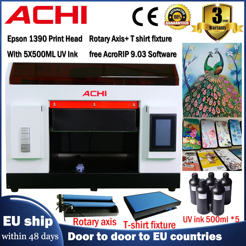 طابعة ACHI A3 UV R1390 UV طابعة أسطوانية زجاجية معدنية ثلاثية الأبعاد منقوشة مطبوعة + 5x500 مللي حبر UV مستودع الاتحاد الأوروبي مخزون الولايات المتحدة RU DDP