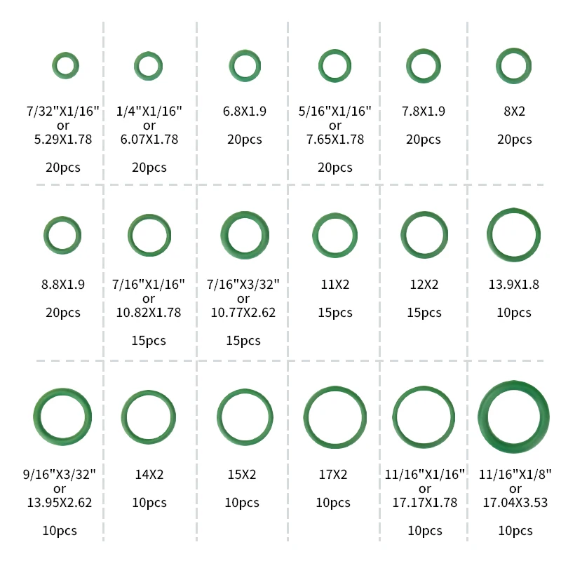 Rubber O Ring Set O-ring Assortment Seal Kit for Automotive A/C AC Conditioner Pipe Hydraulics Air Gas HVAC R134a R12 Green