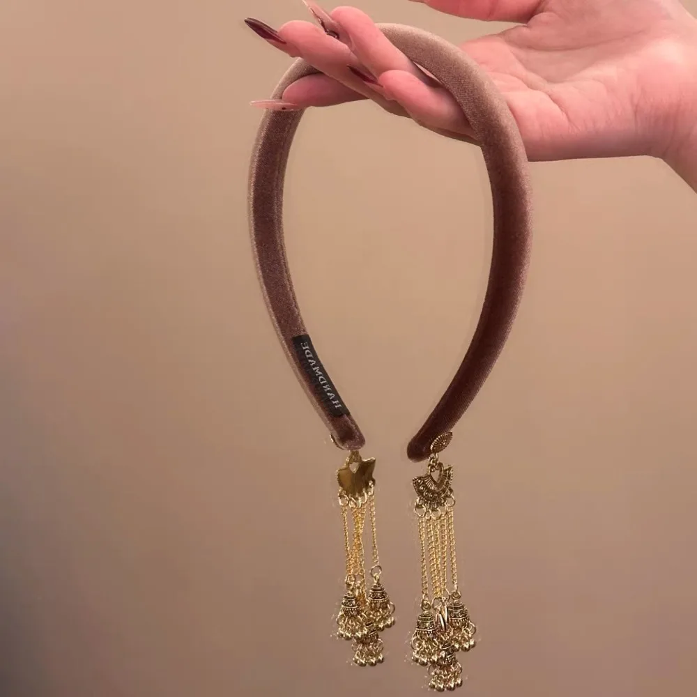 

Роскошная винтажная повязка для волос из сплава с колокольчиками и кисточками, украшенная флокированием, в этническом стиле, с имитацией серег, для вечеринок