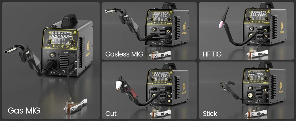 6 in 1 Welding Machine HZXVOGEN HVM270 Gas MIG Gasless MIG HF TIG MMA Plasma Cut Digital LED Screen IGBT Inverter 2T/4T