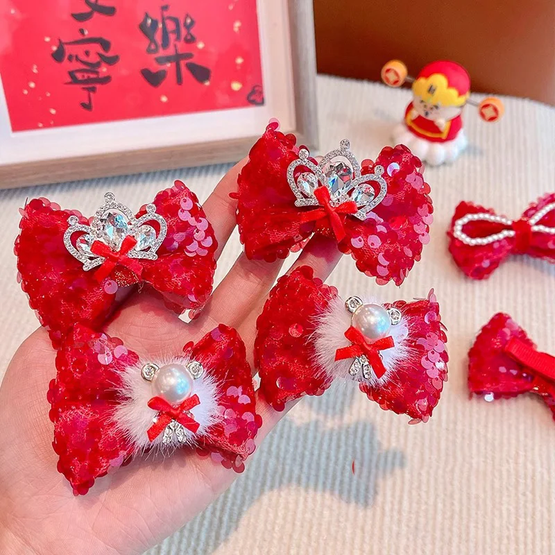 Neue rote Pailletten-Haarspangen mit Schleife für Mädchen, Frauen, Kinder, Kunstfell, Perlen, Strass-Kronen-Dekor, Haarspangen, Geschenk zum chinesischen Neujahr 2026 – Detail 1