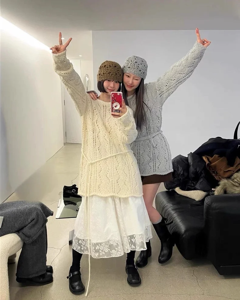 

Loose Long Knitted Sweater with Belt Autumn Winter New Sle Comfortable Lazy Feel Atelier Women's Faion Premium Knitwear