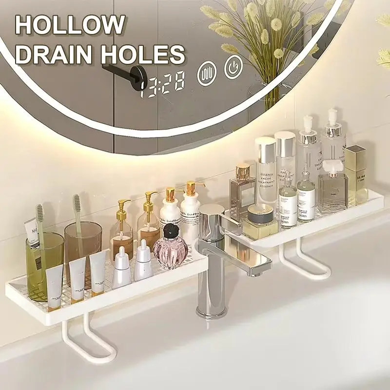 (Over Sink Faucet Storage Shelf Large Capacity Hollow Drain Design For Bathroom Kitchen Organizing)