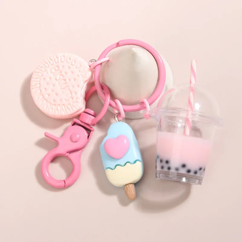 Cute  Keychains Ice-cream Bubble Tea Biscuit Pink Key Rings Friendship For Best Friend Women Girl Handbag Gift Jewelry