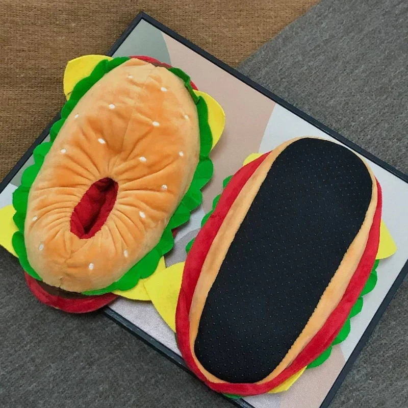 Śmieszne bawełniane kapcie damskie Cute Cartoon Hamburger Shoes jeden rozmiar trampki damskie kapcie domowe ciepłe zimowe slajdy unisex