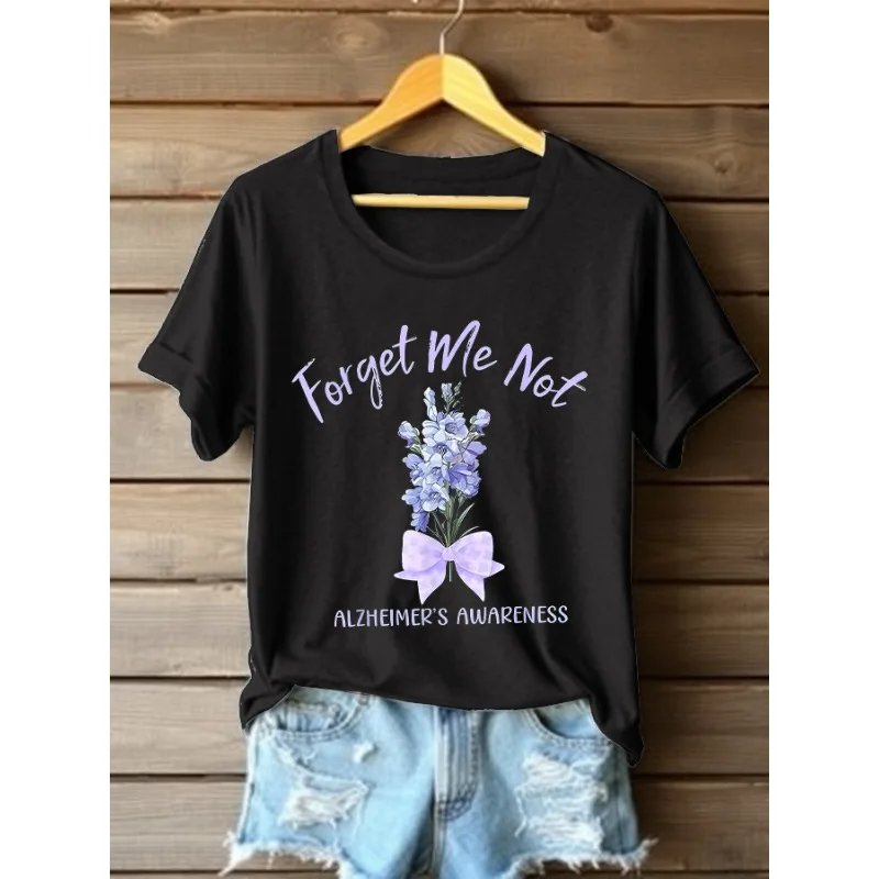 Women's Forget Me Not Alzheimer's Awareness Print T-Shirts Summer Casual Short Sleeve Tops Tees
