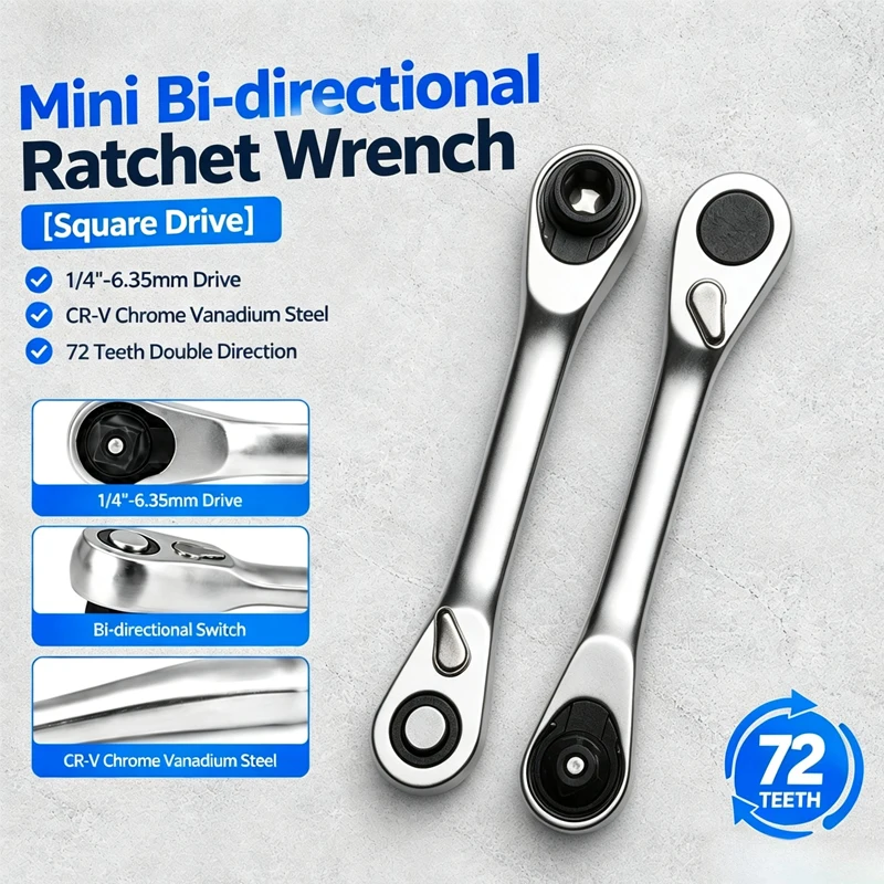 72-Tooth Double-Ended Ratchet Wrench, 1/4-Inch, CR-V Material – Suitable For Furniture Repair And DIY