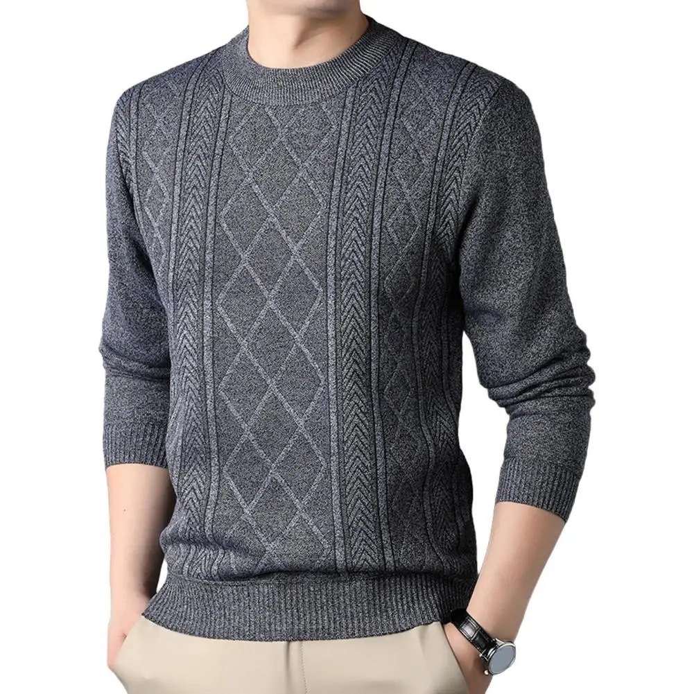 Men Jumper Cozy Knitted Sweater for Fall Winter Round Neck Long Sleeves Pullover Solid Color Thick Stretchy Loose Fit for Wear