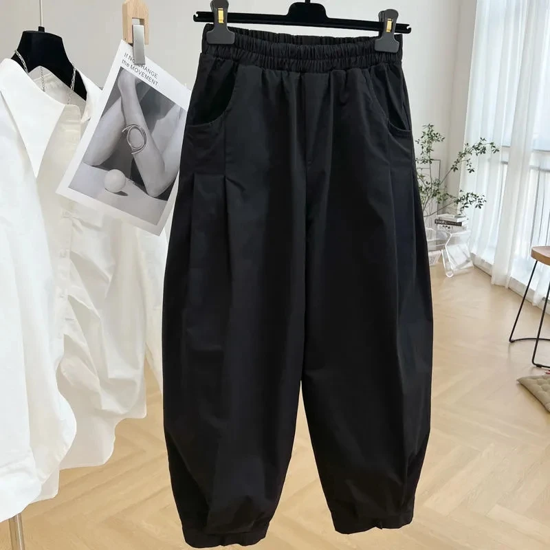 

Plus Size 6XL 150kg Women Spring Harem Pants Cross-pants High Elastic Waist Long Trousers Oversized Black Color Large Trousers