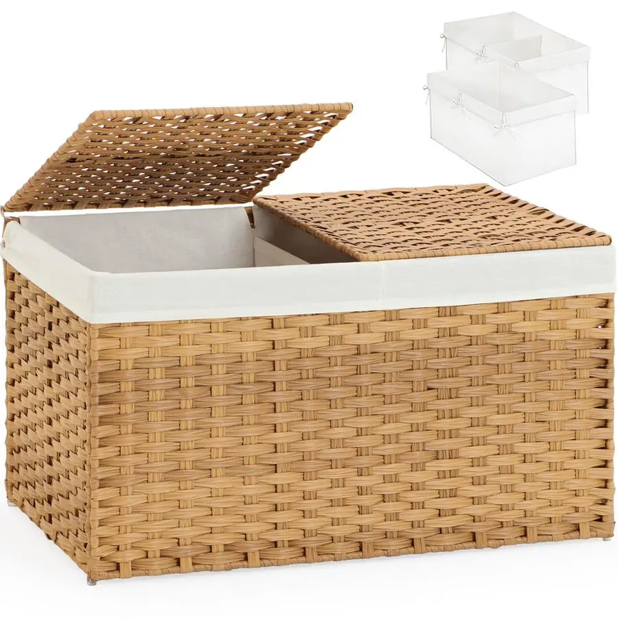 

Basket with Lid Rattan Woven Storage Baskets with 2 Separate Lids, 17.2 Gallon 65 L, 22 x 13 x 13.8 Inches,Foldable, 2 Removable