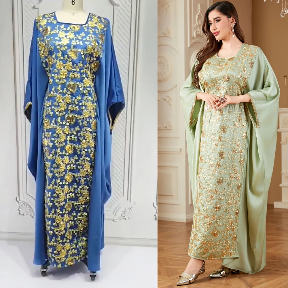Eid Embroidery Abaya Satin Kaftan Women Muslim Batwing Sleeve Dress Loose Robe Party Gown Ramadan Kebaya Caftan Marocain Femme