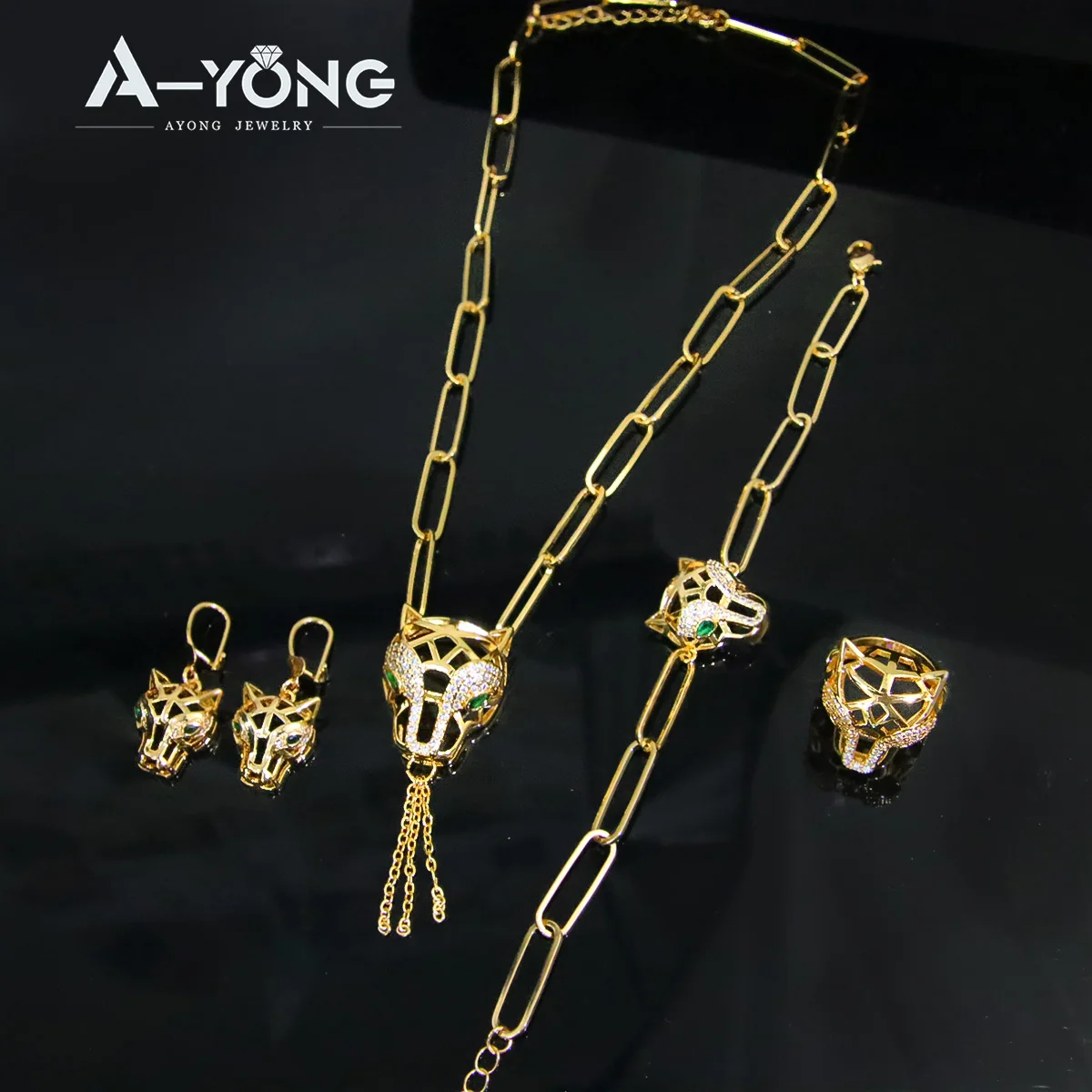 Luxus Hip Hop Leopard Anhänger Halskette Set 21k vergoldet Nahen Osten Punk Panther Halsreifen Arabisch Vintage Party Schmuck – Detail 3