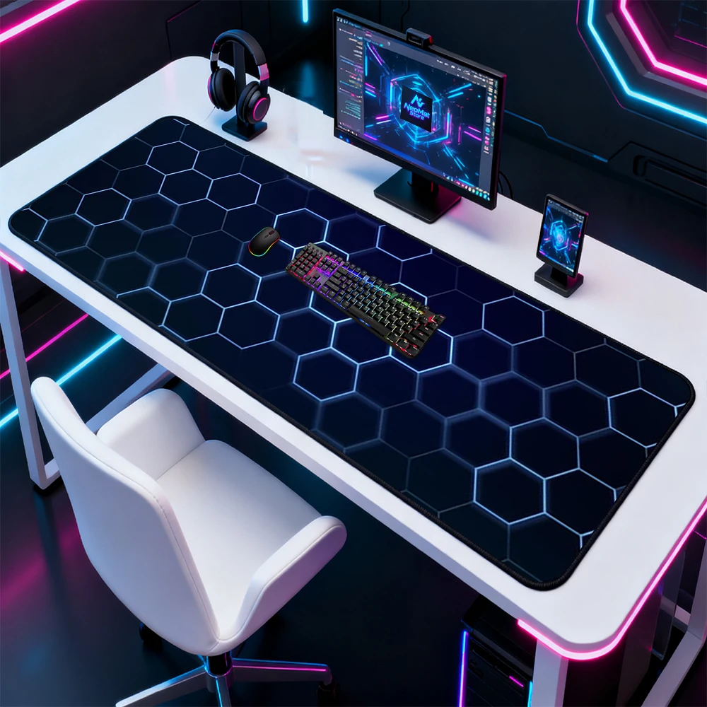 Cyber Geometric Desk Mat XXL Deskmat 120x60 Neon Hexagon Gaming Smooth Nonslip XXXL Setup Desktop Mat Mousemat