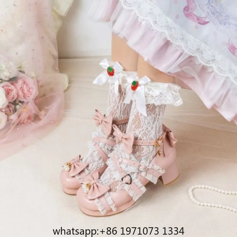 White Lace Bow Cosplay High Heels Women Cross Strap Buckle Platform Mary Jane Shoes Female Party Princess Lolita Pumps