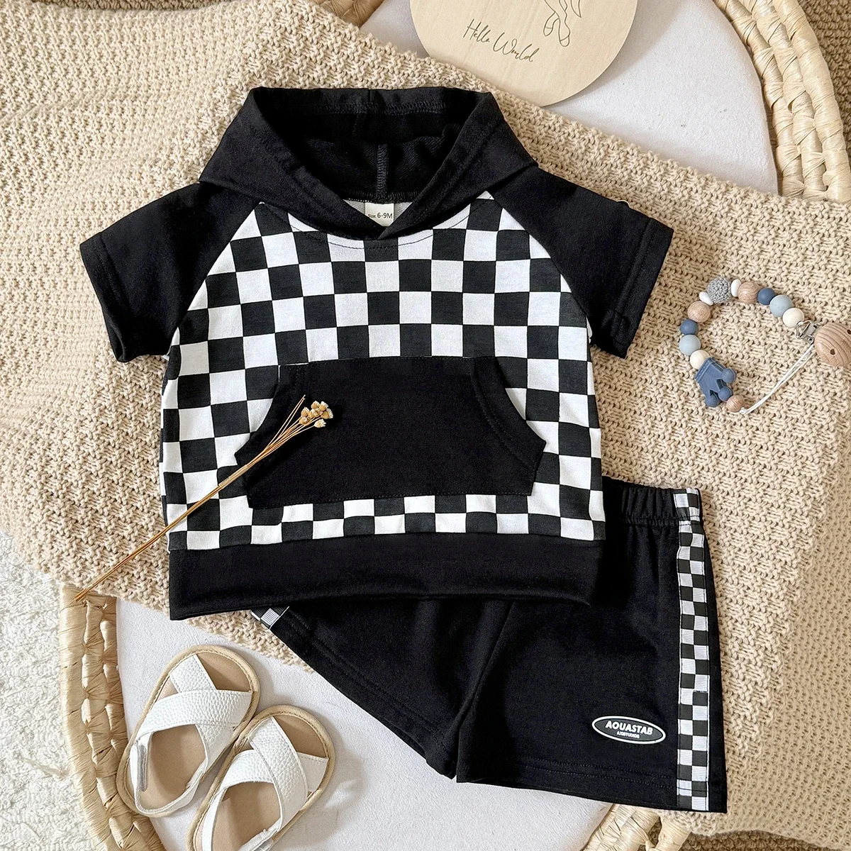 Summer Baby Cotton Set Infant Cartoon Checkerboard Hoodie Top+shorts Outfits Casual Children Sweatsuits Suitable for 0-3Y