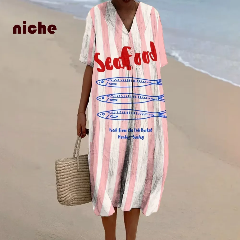 

Y2k Pink Striped Fish Print Women's Beach Skirt Loose Cotton And Linen High Quality V-Neck Fashion Casual Trend New Long Dress