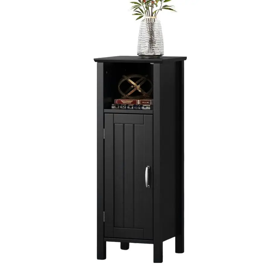 

LUARANE Wooden Bathroom Floor Storage Cabinet, Side Storage Organizer Cabinet with 1 Door Open Shelf Adjustable Shelves, Small