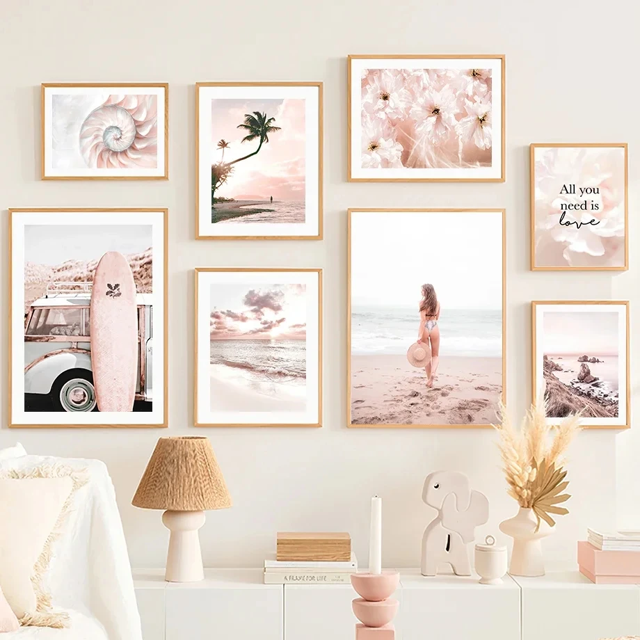 Pink Sea Beach Flamingo Vintage Van Surfboard Summer Wall Art Canvas Painting Living Room Decor Posters And Prints Wall Pictures