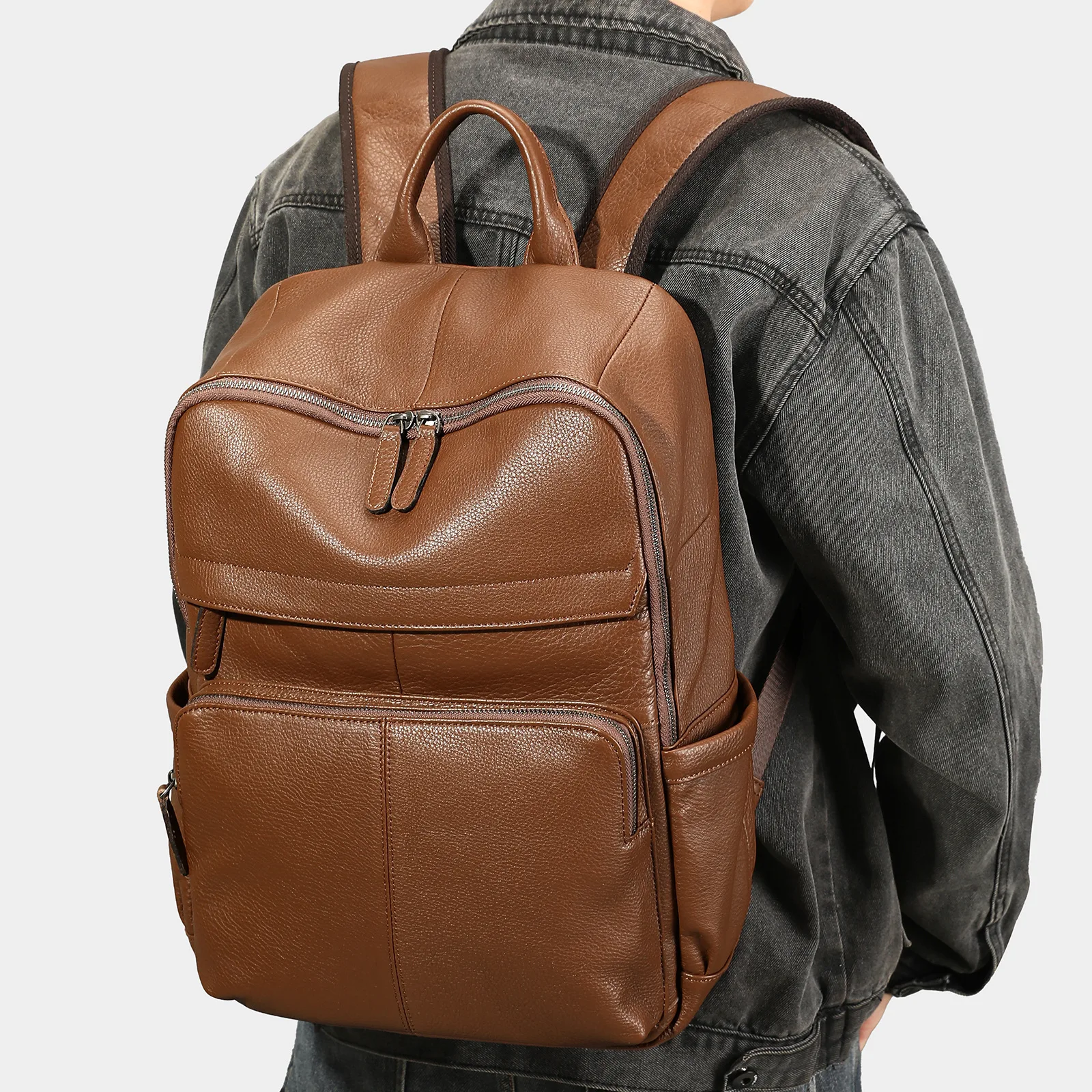 Genuine Leather Men Backpack Solid Color Minimalist Versatile Travel School Bag Business Laptop Backpack