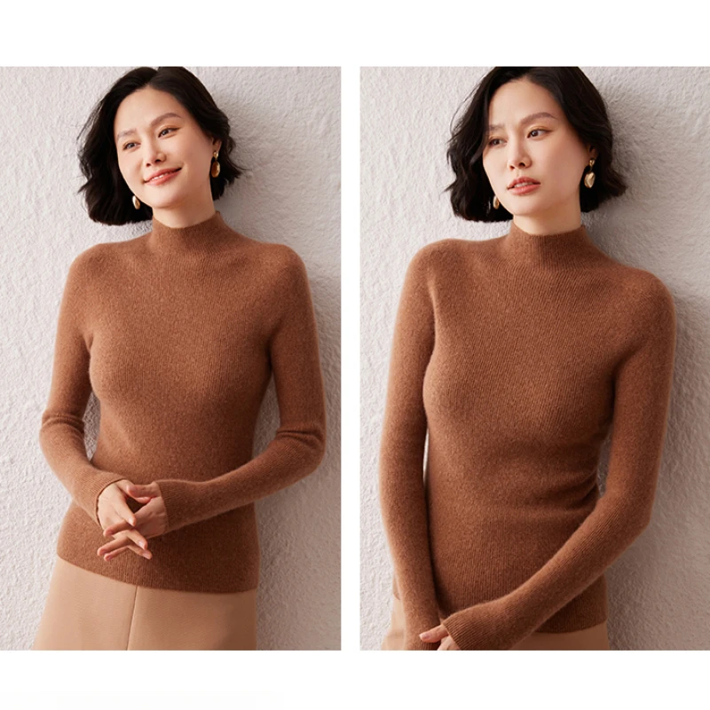 High-End Ready-To-Wear 100% Cashmere Sweater For Women Semi-High Collar Pullover Ribbed Slim-Fit Base Shirt Solid Color Sweater