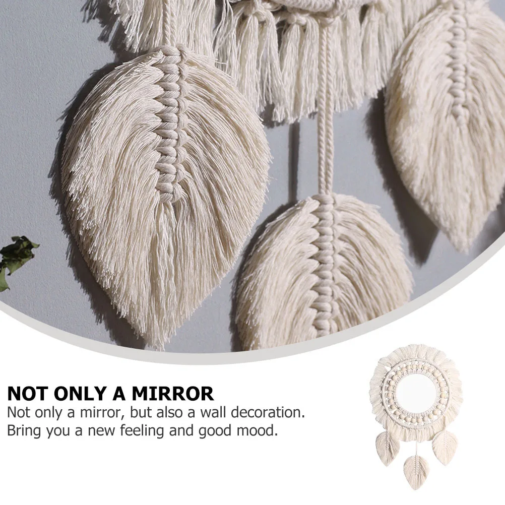 

1Pcs Woven Wood Bead Wall Hanging Mirror Beige Cotton Rope Decorative Bohemian Style Home Wall Decor Vintage Hanging