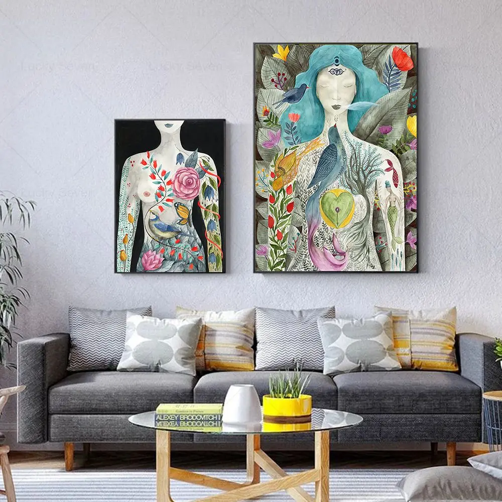 Divine Feminine Painting Bohemian Mindful Spiritual Canvas Poster Floral Women Watercolor Print Chakra Wall Pictures Room Decor