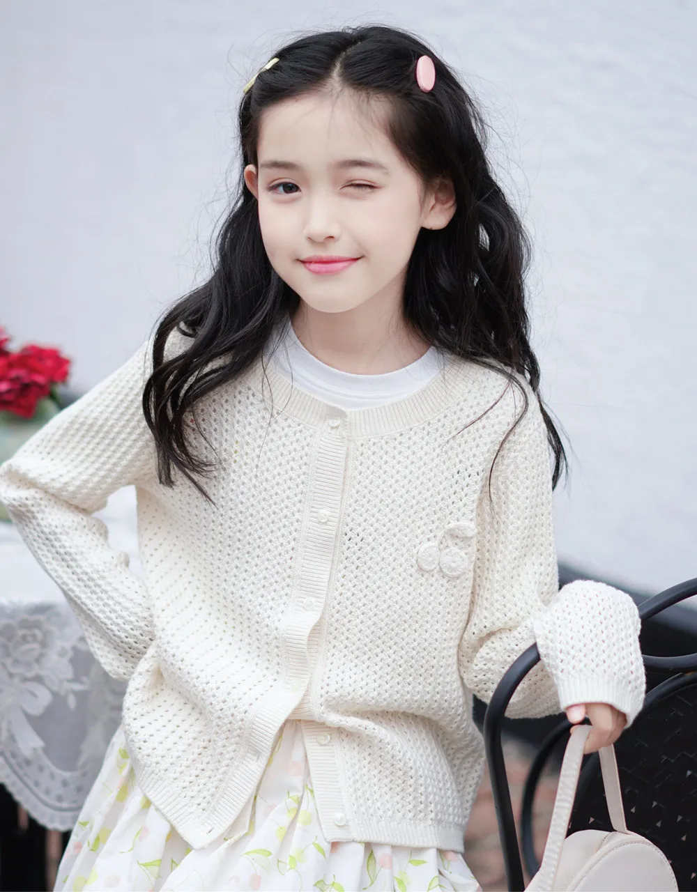 spring summer baby clothes kids coat girls tops knitted cardigan Cherry pattern embroidery Solid color beige hollow knitted coat
