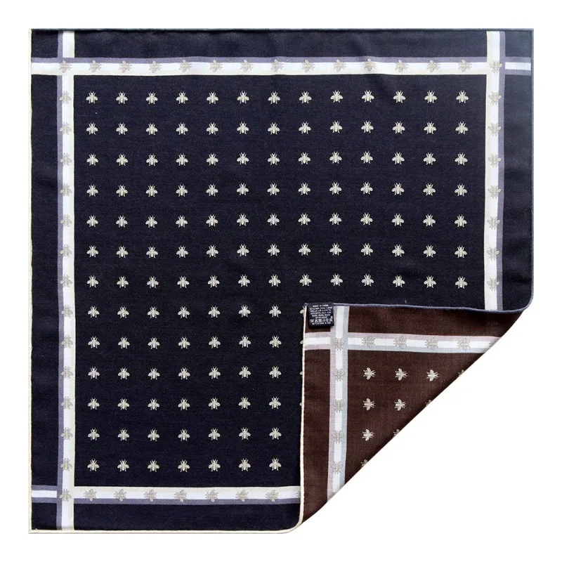 65x65CM Double Sided Square Scarf 70% WOOL 30% MULBERRY SILK Small Bee Geometric Border Print Women Elegant Neck Wrap Shawl