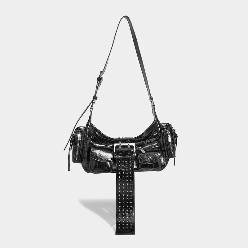 

2025 New Retro Rivet Decoration Punk Style Hot Girl Rivet Belt Buckle Handbag Women’s Bag Luxury Designer Shoulder Underarm Bag