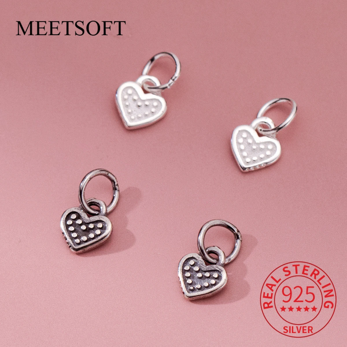 S925 Sterling Silver Heart Shaped Pattern Pendant DIY Bracelet Necklace Earrings Pendant Handmade Woven Rope Material Accessory