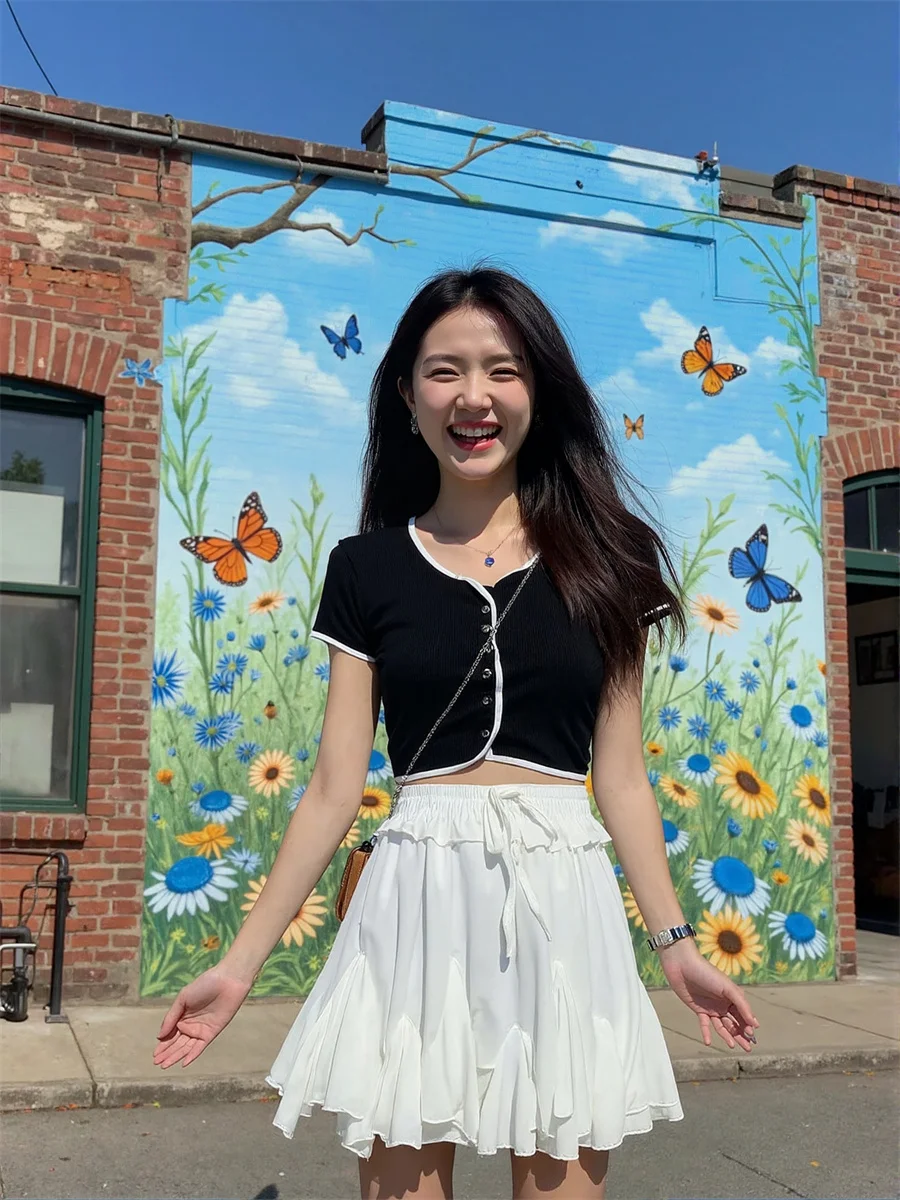 

Pleated Mini Black White Skirts Womens Chiffon Layered Ruffle Hem Elastic Waist Flare Chic Elegant Bohemian Velvet Sweet