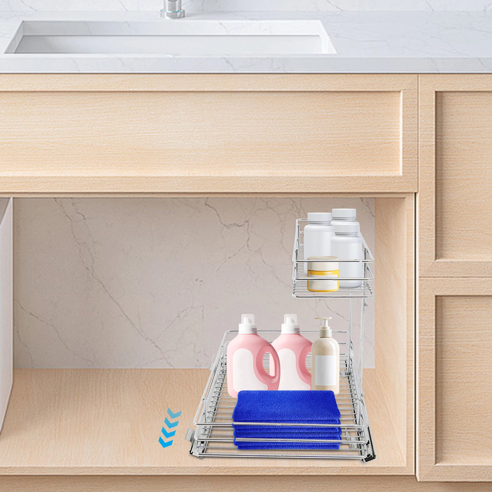 

2 Tiers Pull-Out Storage Rack 22.05lbs Load Under Sink Organizer Under Sink Slide Out Organizer for Kitchen Bathroom & Pantry