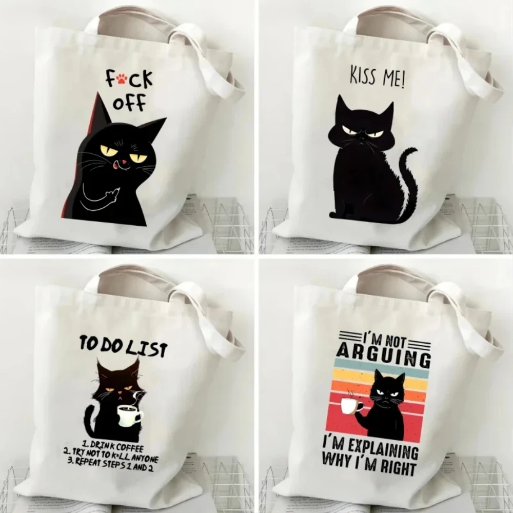 

Women's Shoulder Handbags Coffee Black Cats Print Large Capacity Shopping Bag Girls Canvas Tote Bag Reusable Foldable Bags