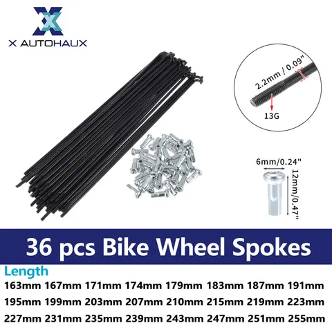 X autohaux raios de bicicleta raios de roda de bicicleta com mamilos 13g comprimento 163mm-255mm preto durável acessórios de bicicleta 36 peças