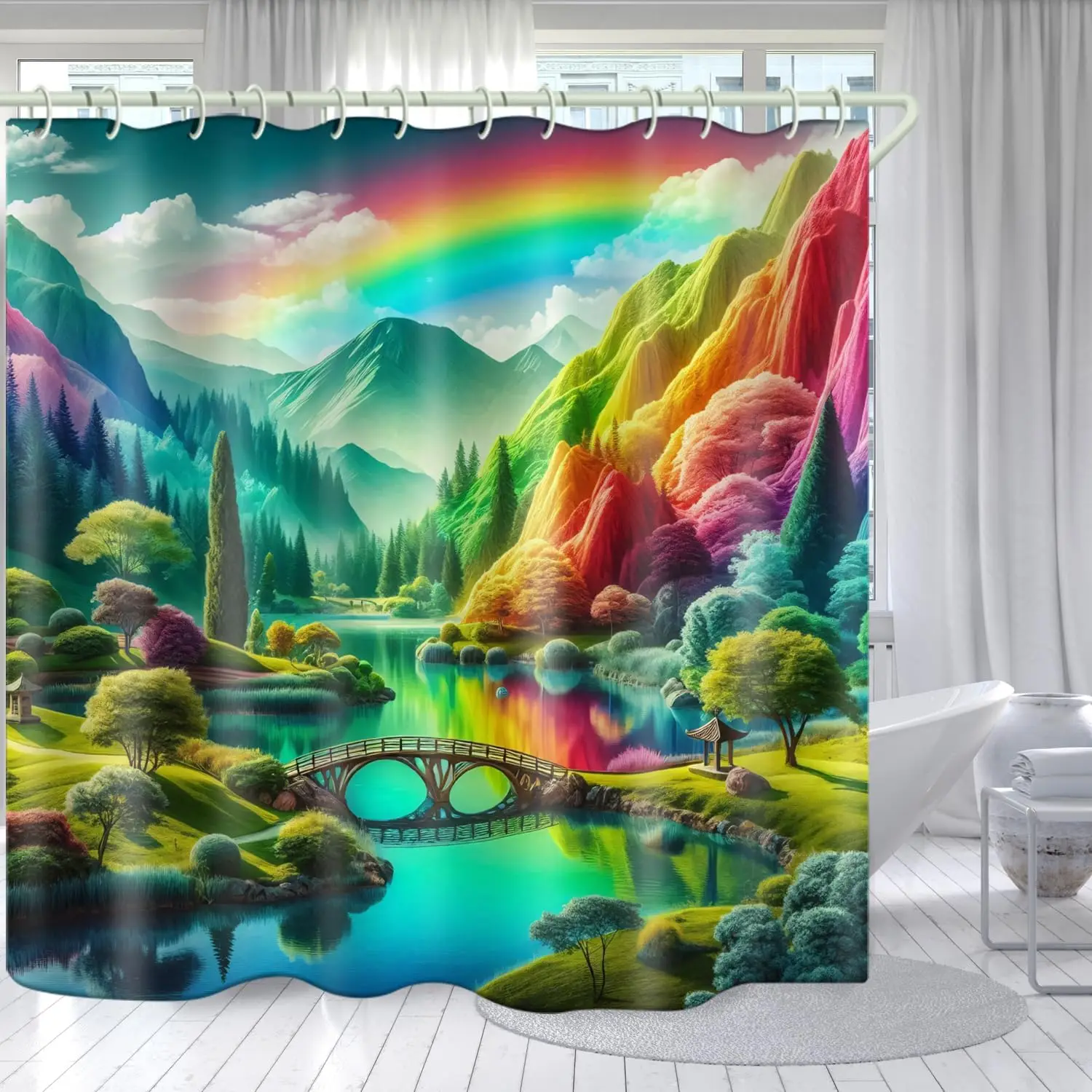 

Bright Fabric Art Shower Curtain, Colorful Mountain Theme, 72"W x 72"L, Waterproof, 12 Hooks