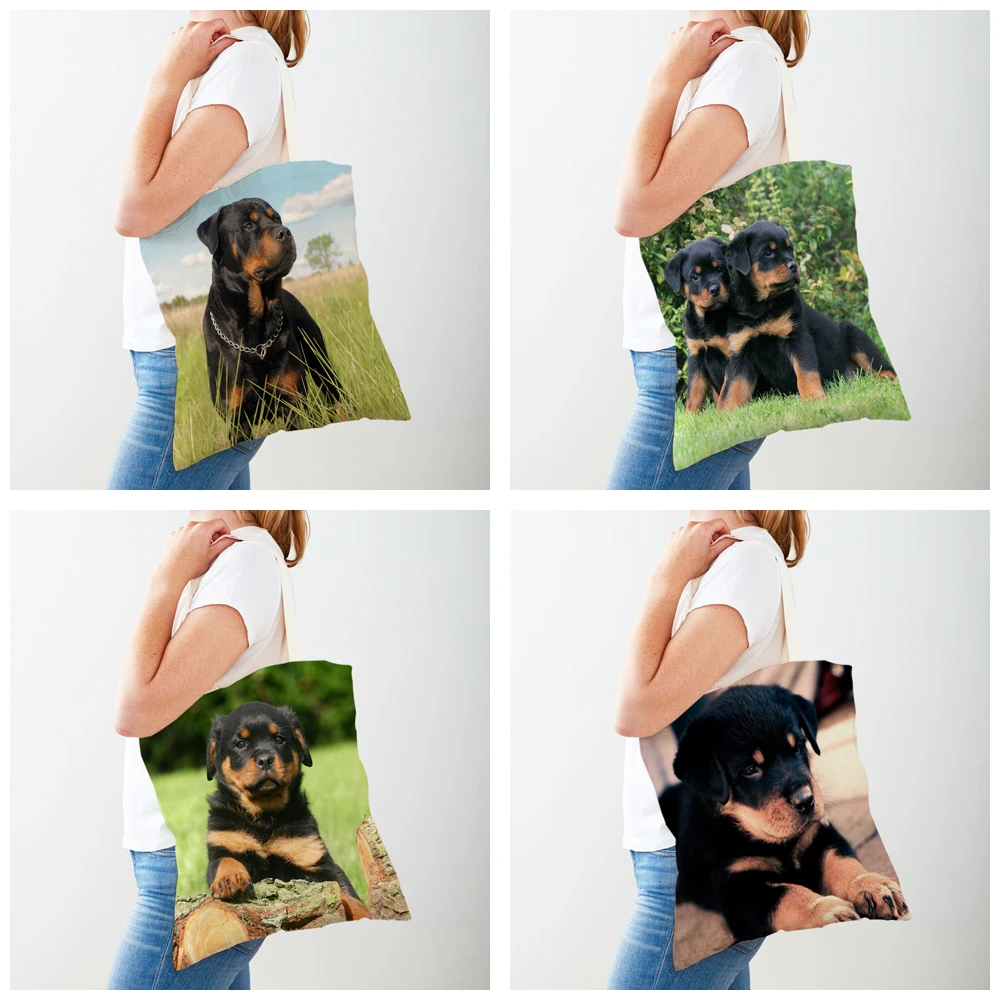 Brave Rottweiler พิมพ์กระเป๋านักช้อปสุนัขสัตว์น่ารัก Lady Canvas Tote กระเป๋าถือนํากลับมาใช้ใหม่ทั้งสองด้าน Casual Shopping Bag สําหรับผู้หญิง