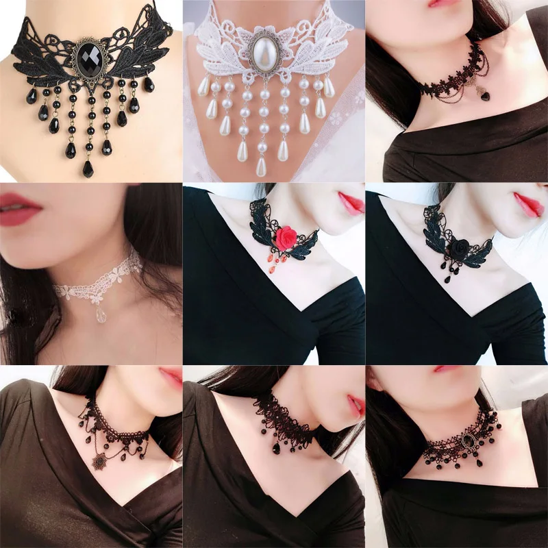 Chokers for Parties Beads Bow Flowers Circular Crown Pearl Tassels Gothic Sexy Lacy Lace Women Necklaces Neck Jewelry Girl Gift
