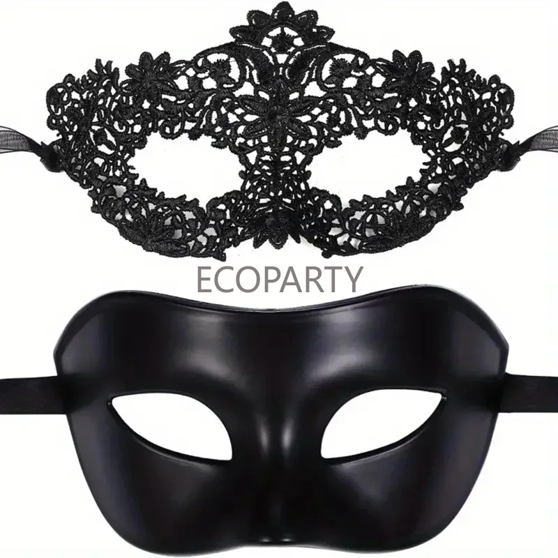 2pcs Elegant Black Lace Masquerade Mask Set for Couples - Perfect for Venetian Party, Mardi Gras, and Halloween Celebrations