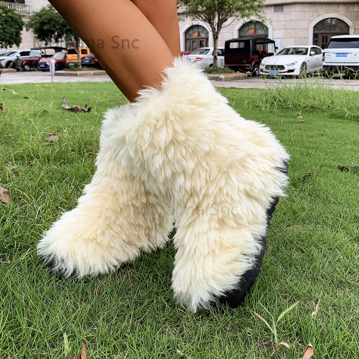 

Winter Warm Furry Boots for Women Faux Fur Round Toe Slip On Casual Snow Boots 3Cm Heel Thick Soled Purple White Ankle Boots