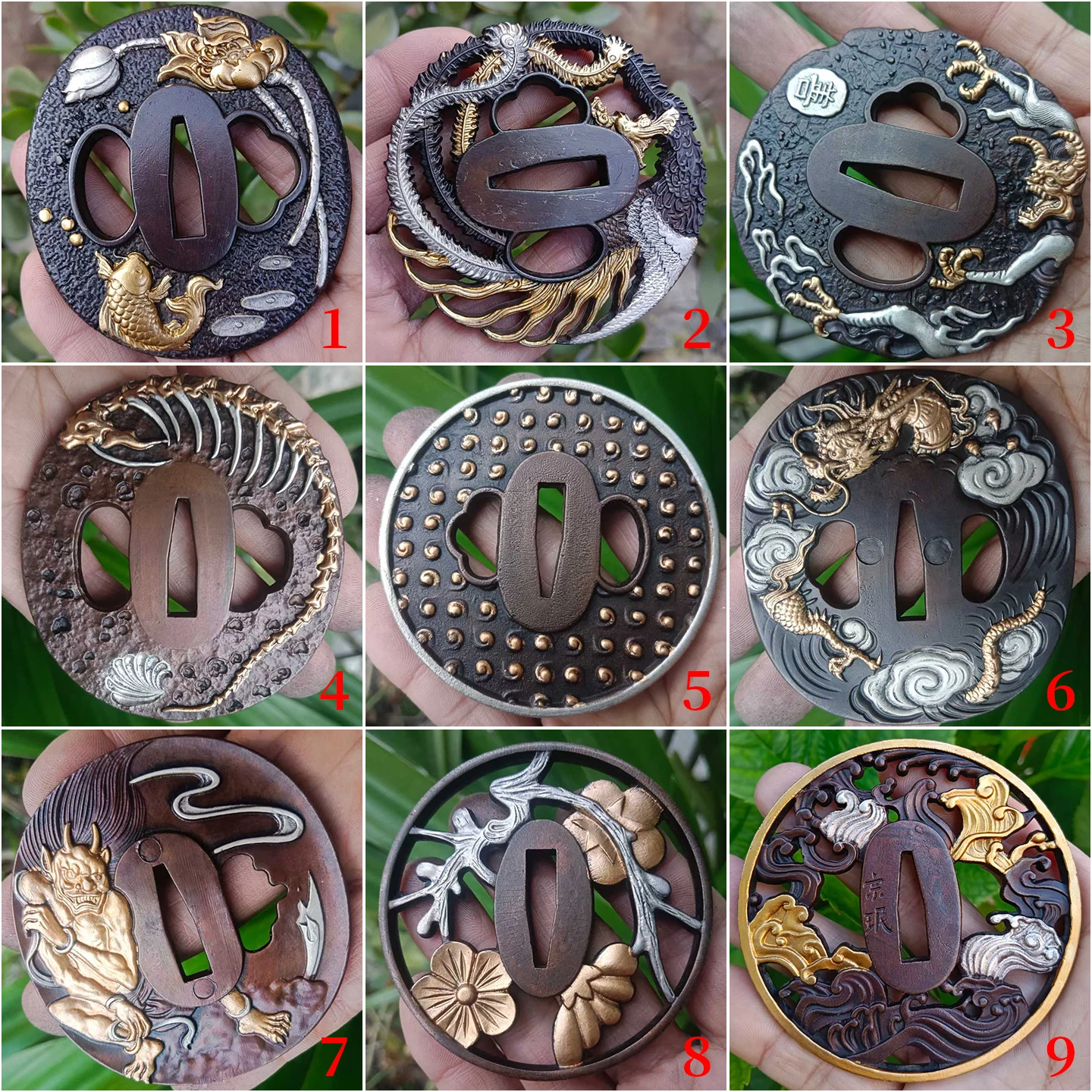 Antique Gold Inlaid Solid Brass Tsuba Exquisite Relief Carved Samurai Sword Guard Traditional Japanese Katana Replacement Part