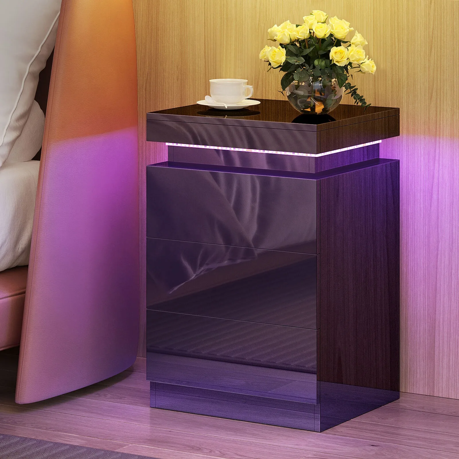 LED High Gloss Nightstand with 3 Drawers & Sliding Top Storage Bedside Table United States