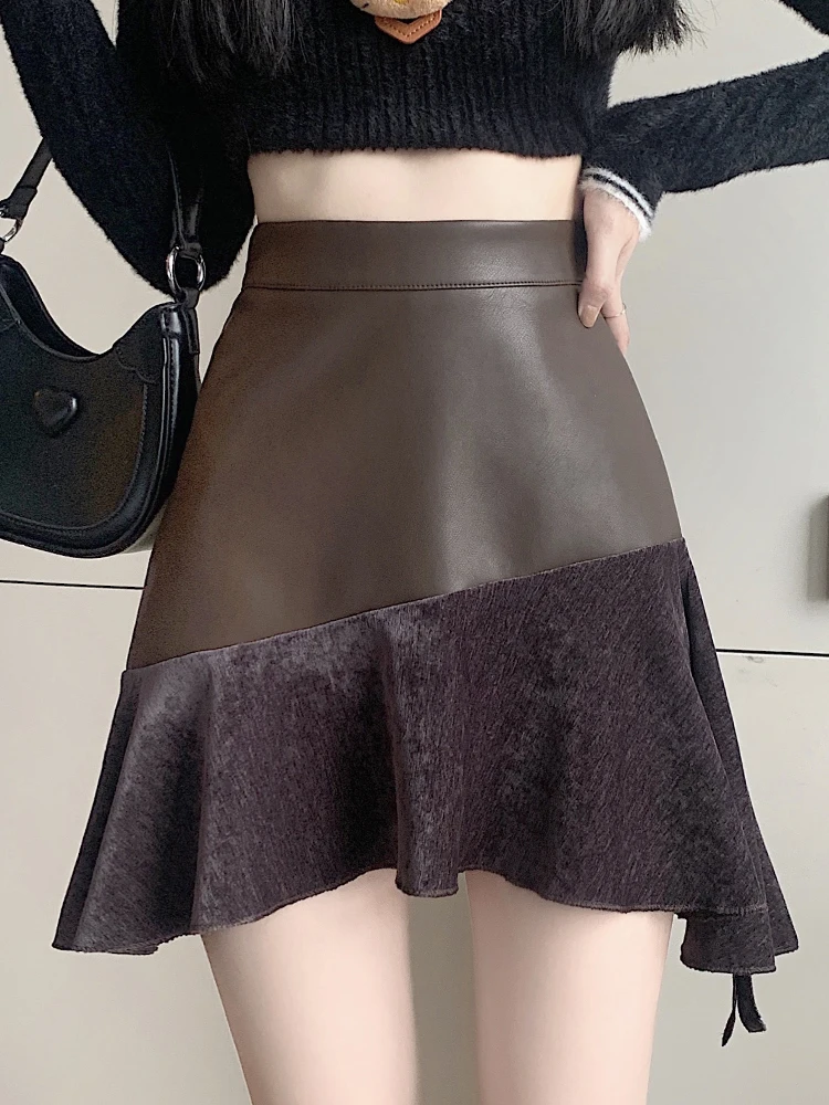 

Faux Leather PU Skirts Women 2024 New Casual Irregular Black Skirts Patchwork A-Line Ruffles Short Mini Skirts Female