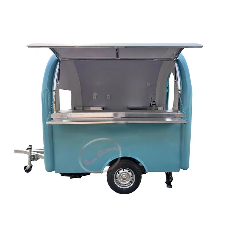

The small green towable mobile food cart is designed for selling snacks and beverages on the street and can be moved by towing