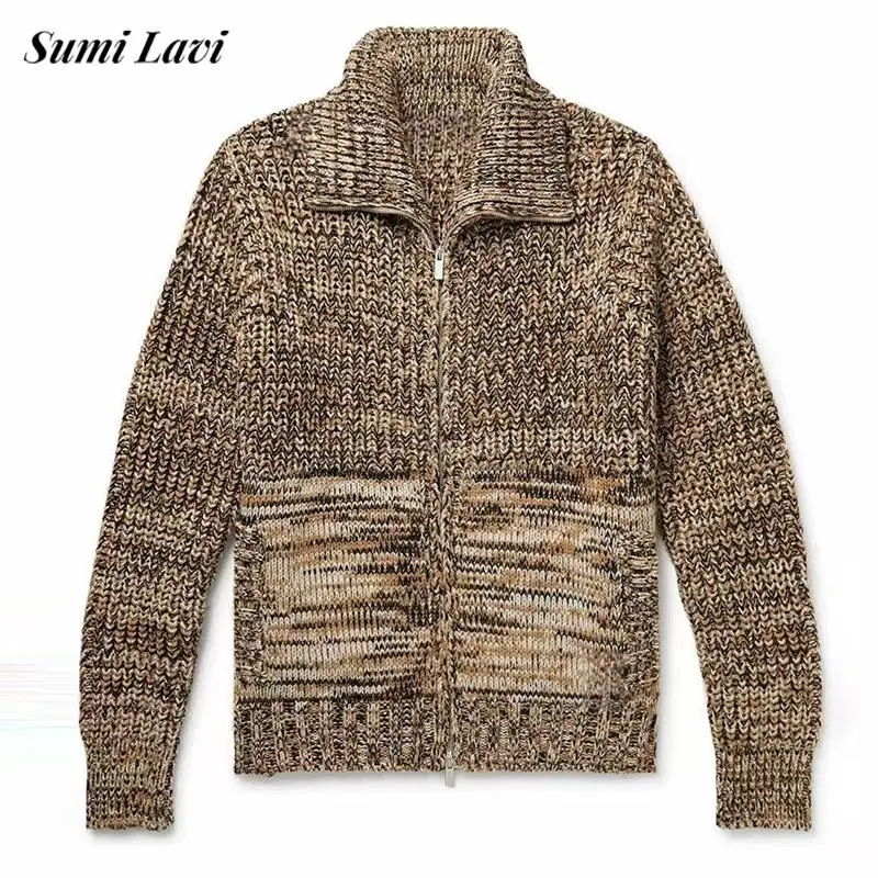 Vintage Zip-up Knitting Cardigan Men Sweatercoats Fall Winter Fashion Lapel Slim Fit Sweater Mens Jackets Stylish Knit Outerwear