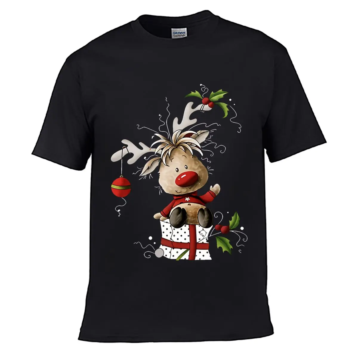 Cartoon Christmas Reindeer Red Nose Holly Ornament Gift Solid Washed Vintage Tee Distressed Loose