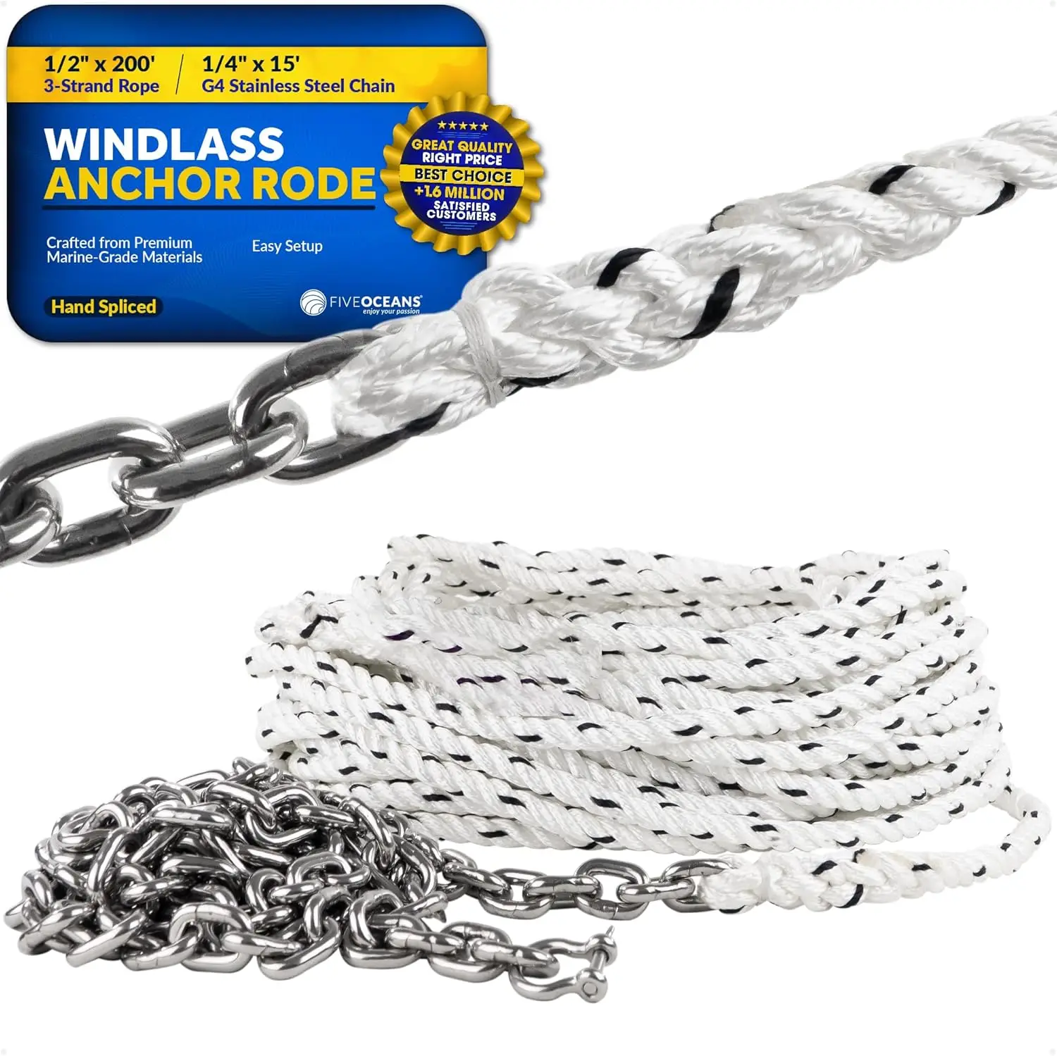 Five Oceans Windlass Anchor Rode, Hand-Spliced Anchor Rope and Chain Combination Kit, Nylon 3-Strand Rope